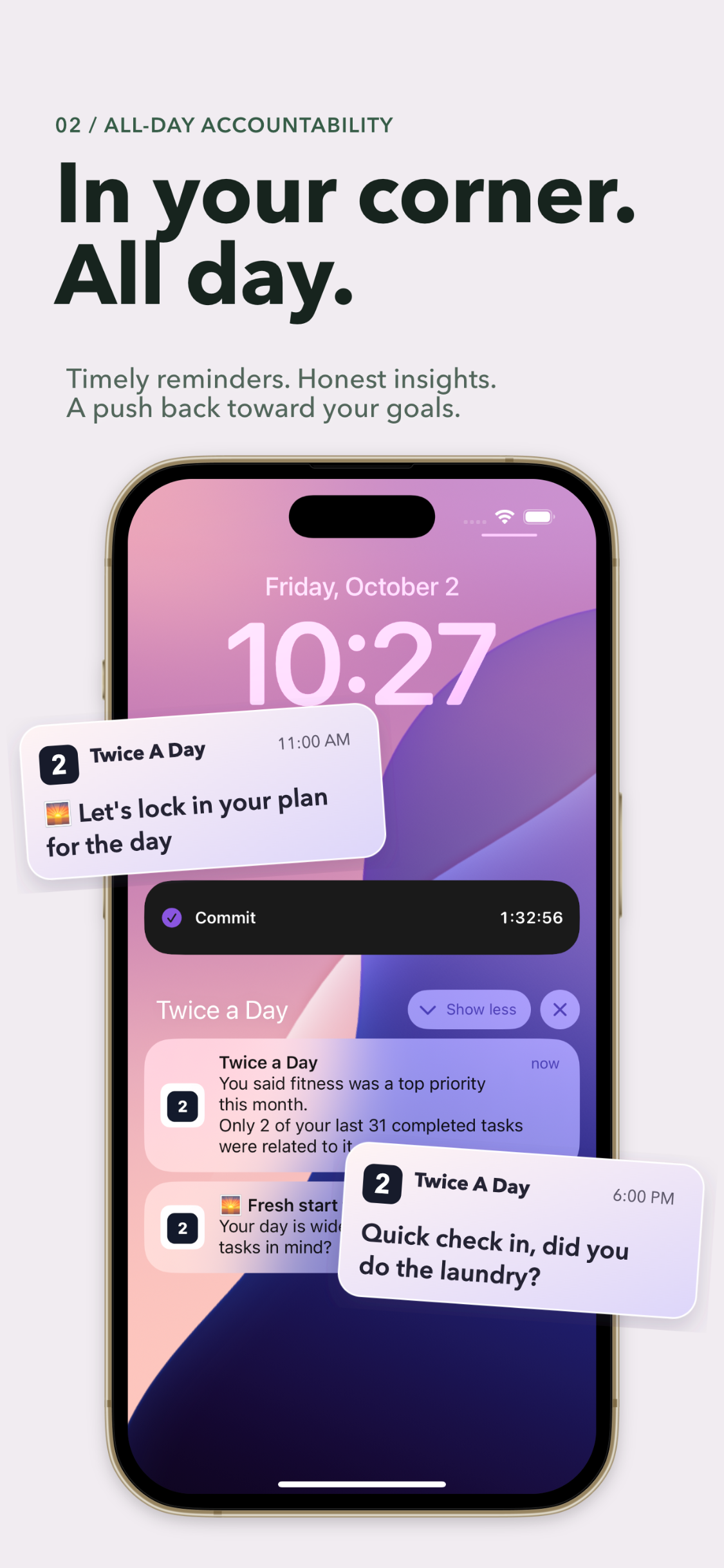 Twice A Day messages throughout the day: a reminder to lock in your plan, a nudge about your fitness goal, and a check-in about doing the laundry